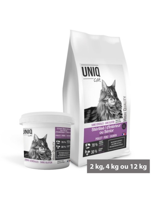 Croquettes Sans Céréales UNIQ Cat pour Chat Stérilisé et Chat d'Intérieur peu actifs